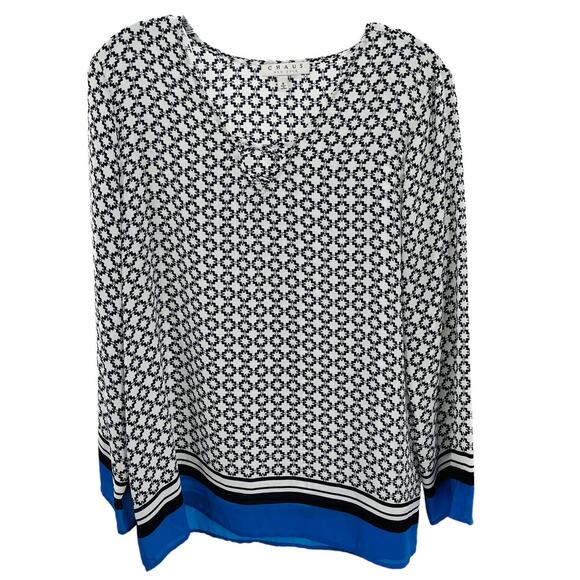 Chaus Navy Blue White Geometric Long Sleeve Solid Border Hem Top Size S NWT - Picture 1 of 9